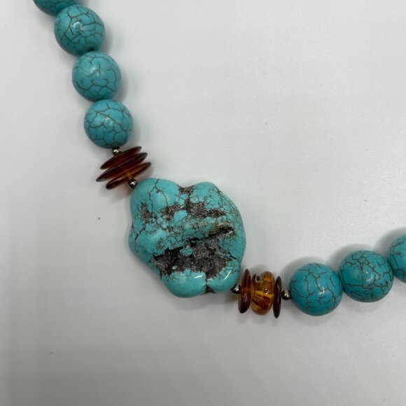 Turquoise Beaded Necklace Amber Accents & Toggle Clasp - Picture 2 of 5